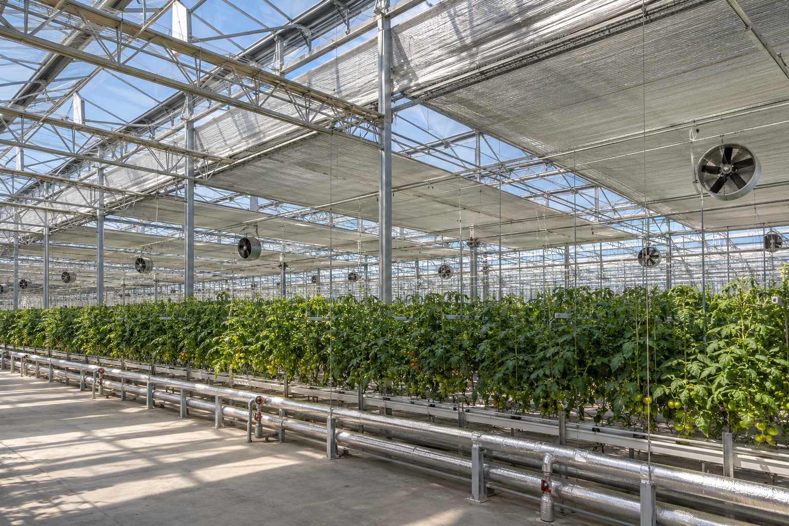 Heating and energy-saving screens in an industrial greenhouse
